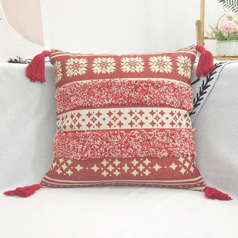 Geometric bohemian pillow case mustard yellow tassels living room