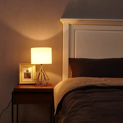 Geometric brass and linen fabric led desk lamp bedroom night light