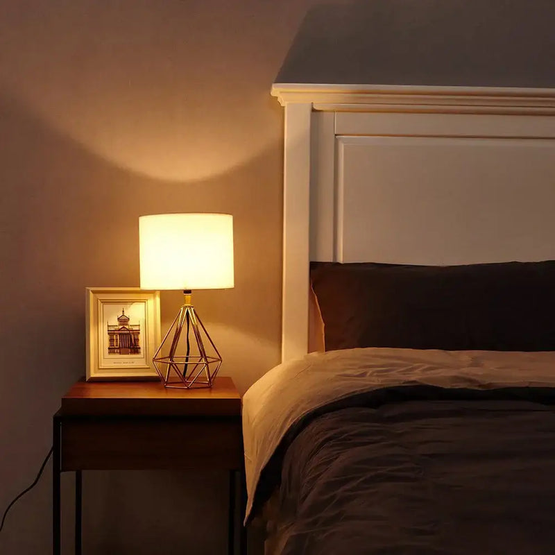 Geometric brass and linen fabric led desk lamp bedroom night light