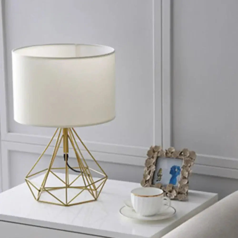 Geometric brass and linen fabric led desk lamp bedroom night light