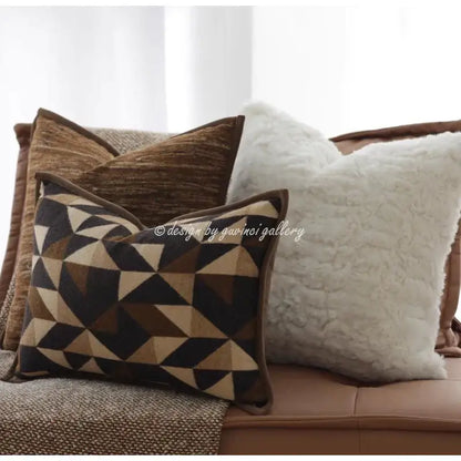 Geometric brown leather splicing throw pillow cover living room decor