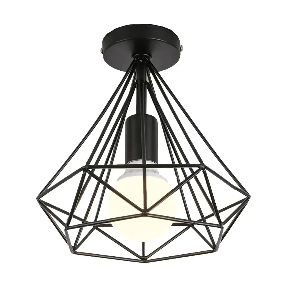 Geometric cage iron ceiling light fixture dining room exposed bulb