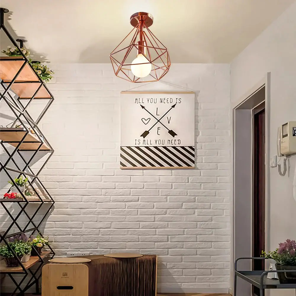 Geometric cage iron ceiling light fixture dining room exposed bulb