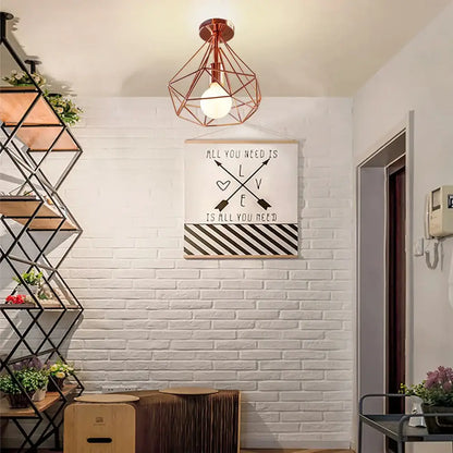 Geometric cage iron ceiling light fixture dining room exposed bulb