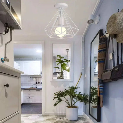 Geometric cage iron ceiling light fixture dining room exposed bulb
