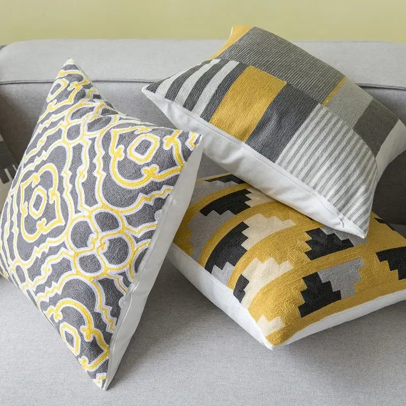Geometric canvas cotton cushion cover yellow & grey living room pillow