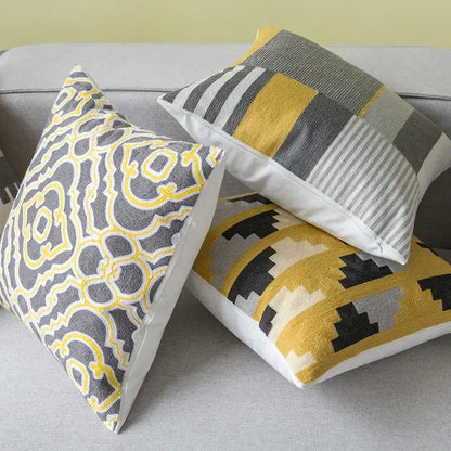 Geometric canvas cotton cushion cover yellow & grey living room pillow