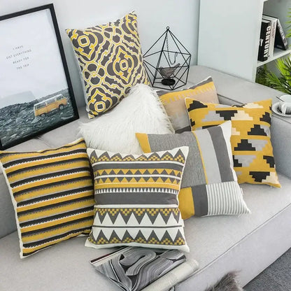 Geometric canvas cotton cushion cover yellow & grey living room pillow