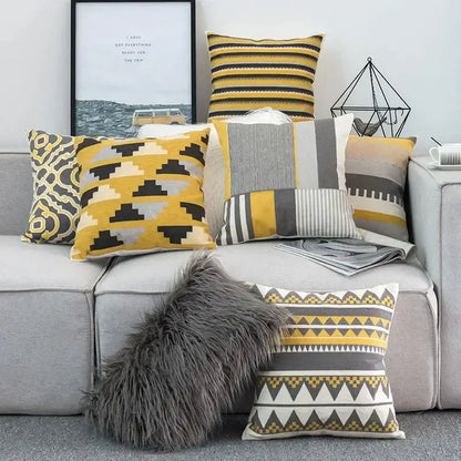 Geometric canvas cotton cushion cover yellow & grey living room pillow
