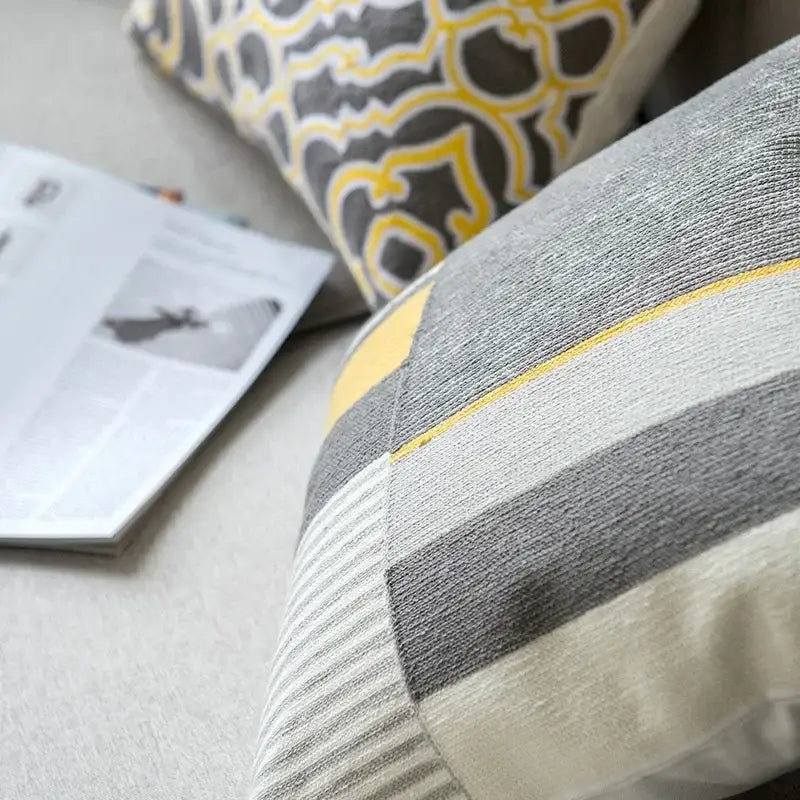 Geometric canvas cotton cushion cover yellow & grey living room pillow