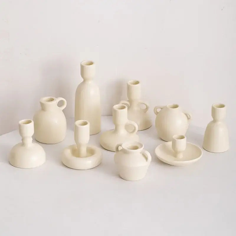 Geometric ceramic candle holder set – living room cream decor