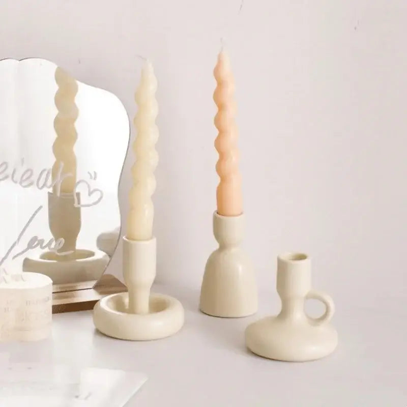 Geometric ceramic candle holder set – living room cream decor