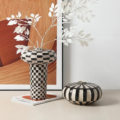 Geometric check ceramic vase black & white living room decor