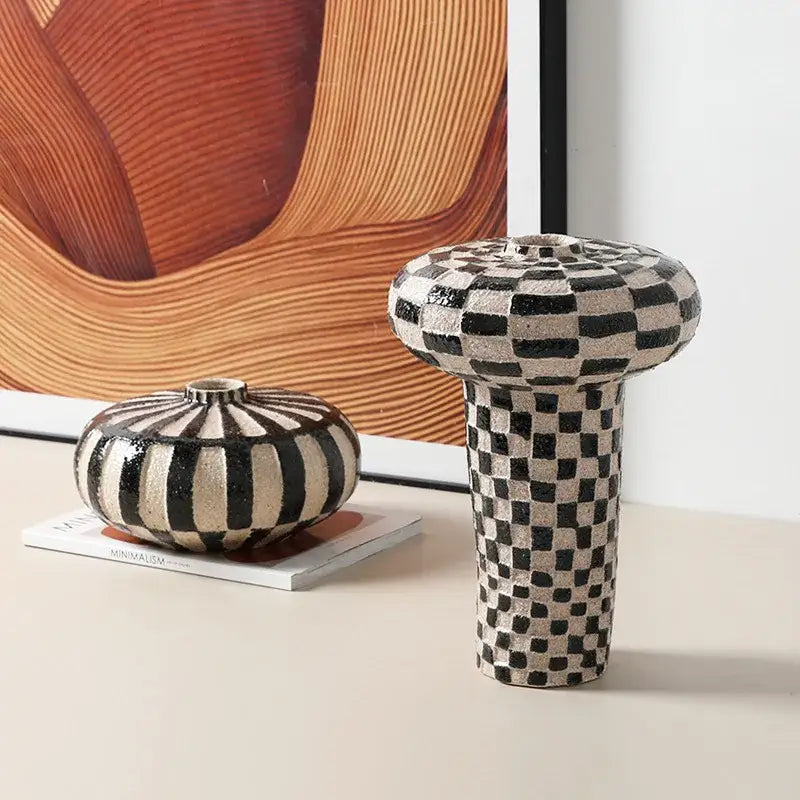 Geometric check ceramic vase black & white living room decor