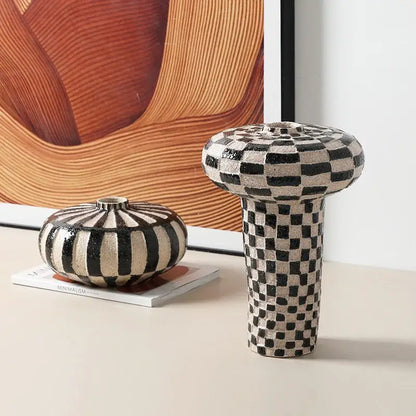 Geometric check ceramic vase black & white living room decor