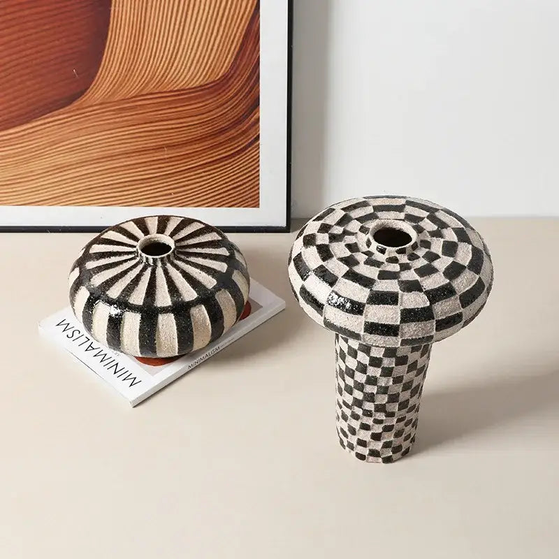 Geometric check ceramic vase black & white living room decor