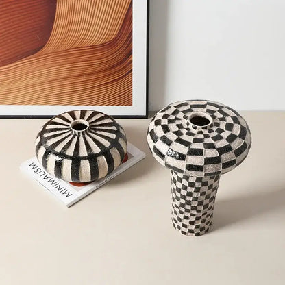 Geometric check ceramic vase black & white living room decor