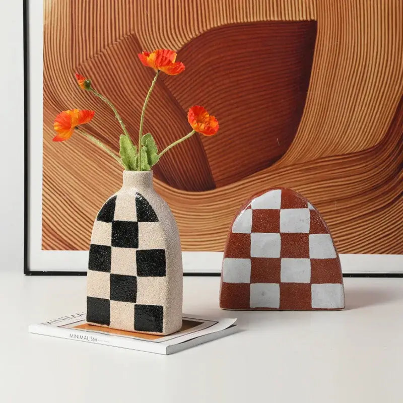 Geometric check ceramic vase set living room decor