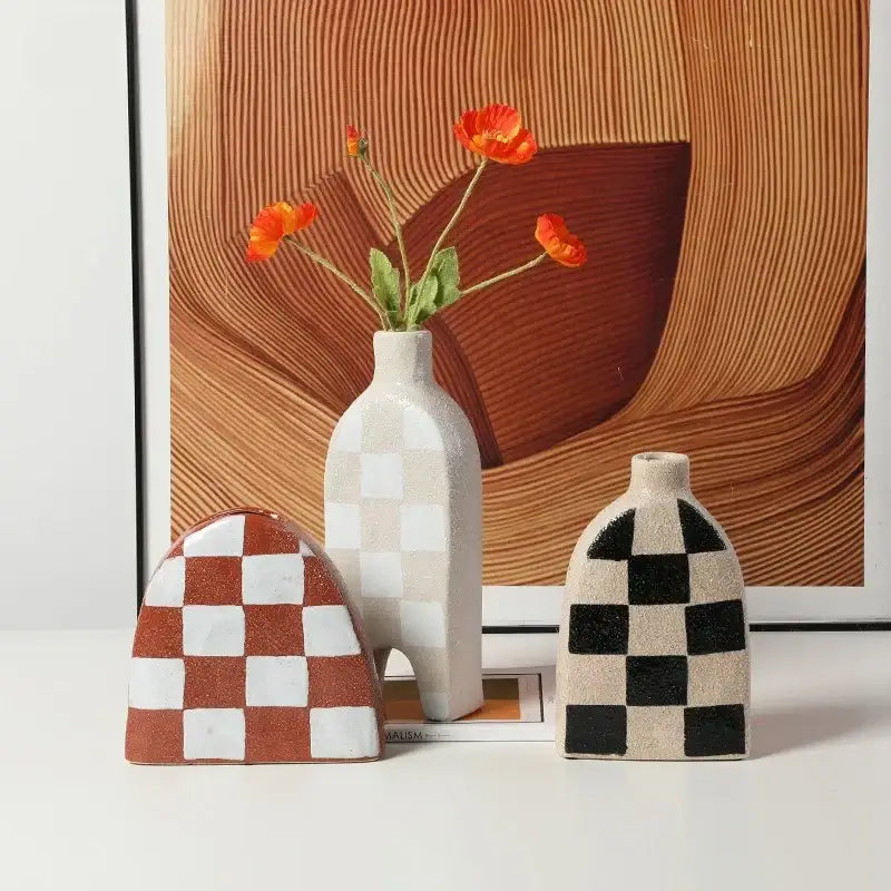 Geometric check ceramic vase set living room decor