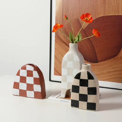 Geometric check ceramic vase set living room decor