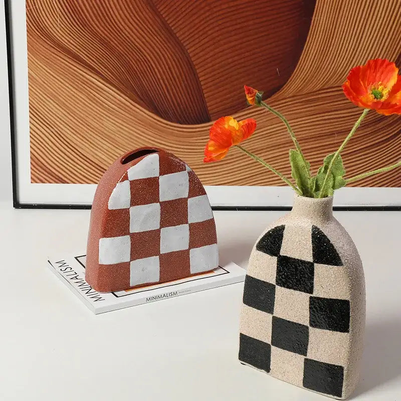 Geometric check ceramic vase set living room decor