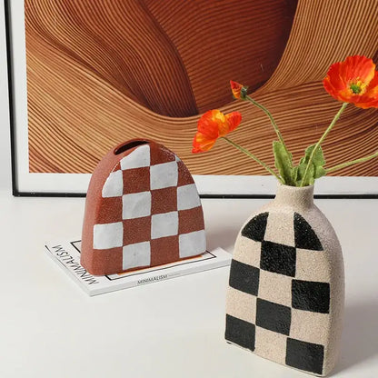 Geometric check ceramic vase set living room decor