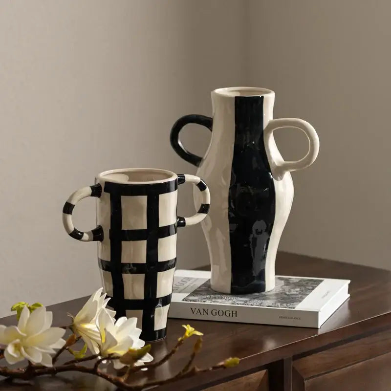 Geometric check pattern white & black ceramic vase living room decor