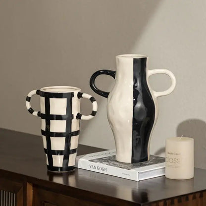 Geometric check pattern white & black ceramic vase living room decor