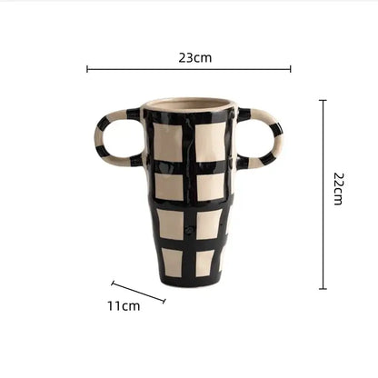 Geometric check pattern white & black ceramic vase living room decor