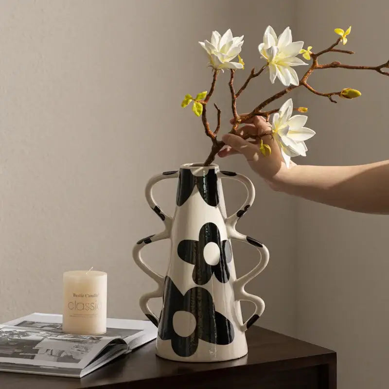 Geometric check pattern white & black ceramic vase living room decor