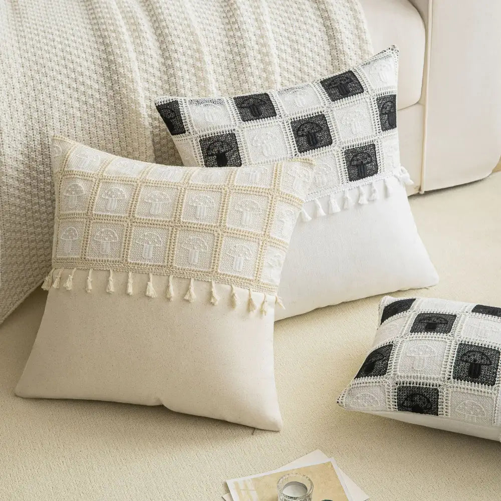 Geometric checker cushion cover cream living room tassel decor