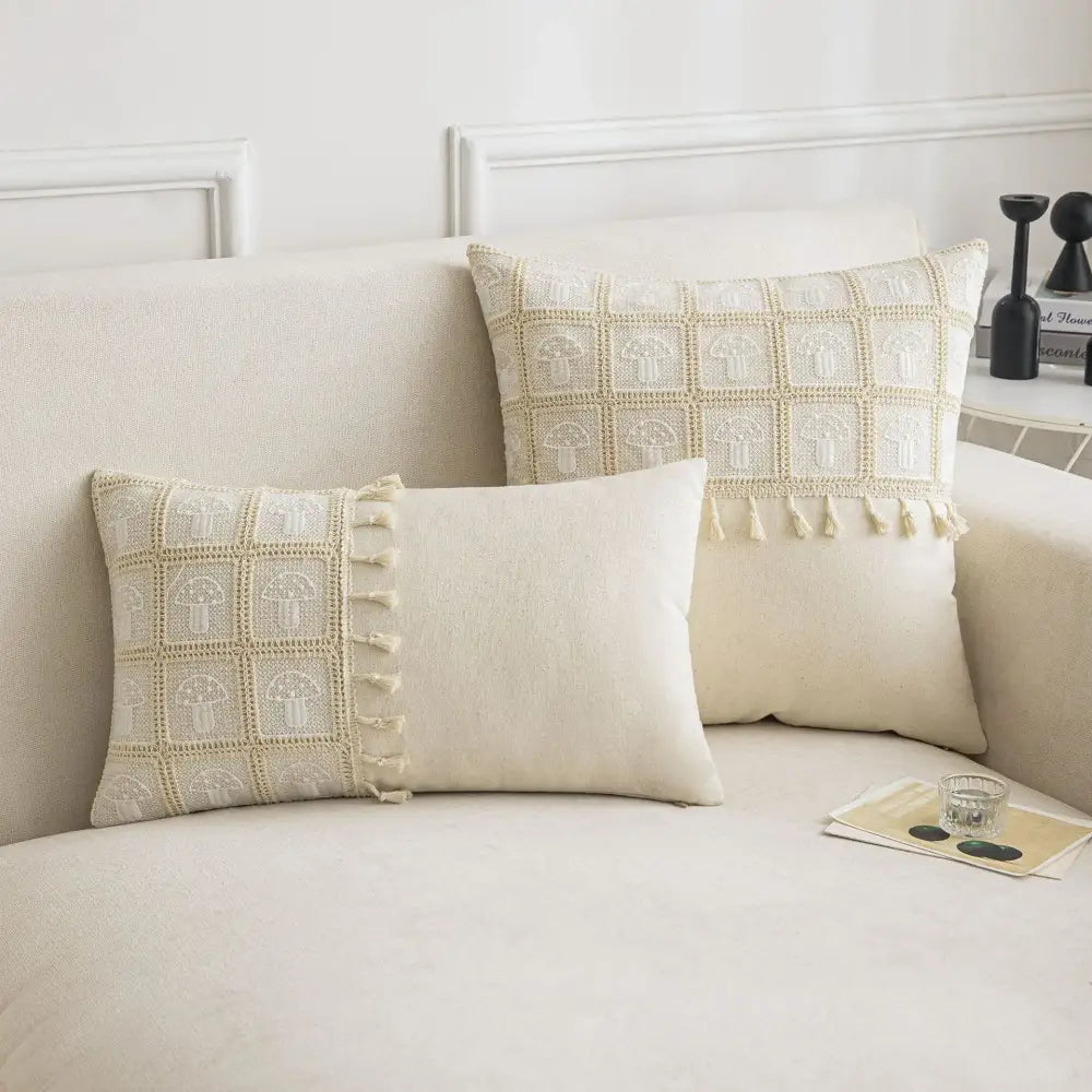 Geometric checker cushion cover cream living room tassel decor