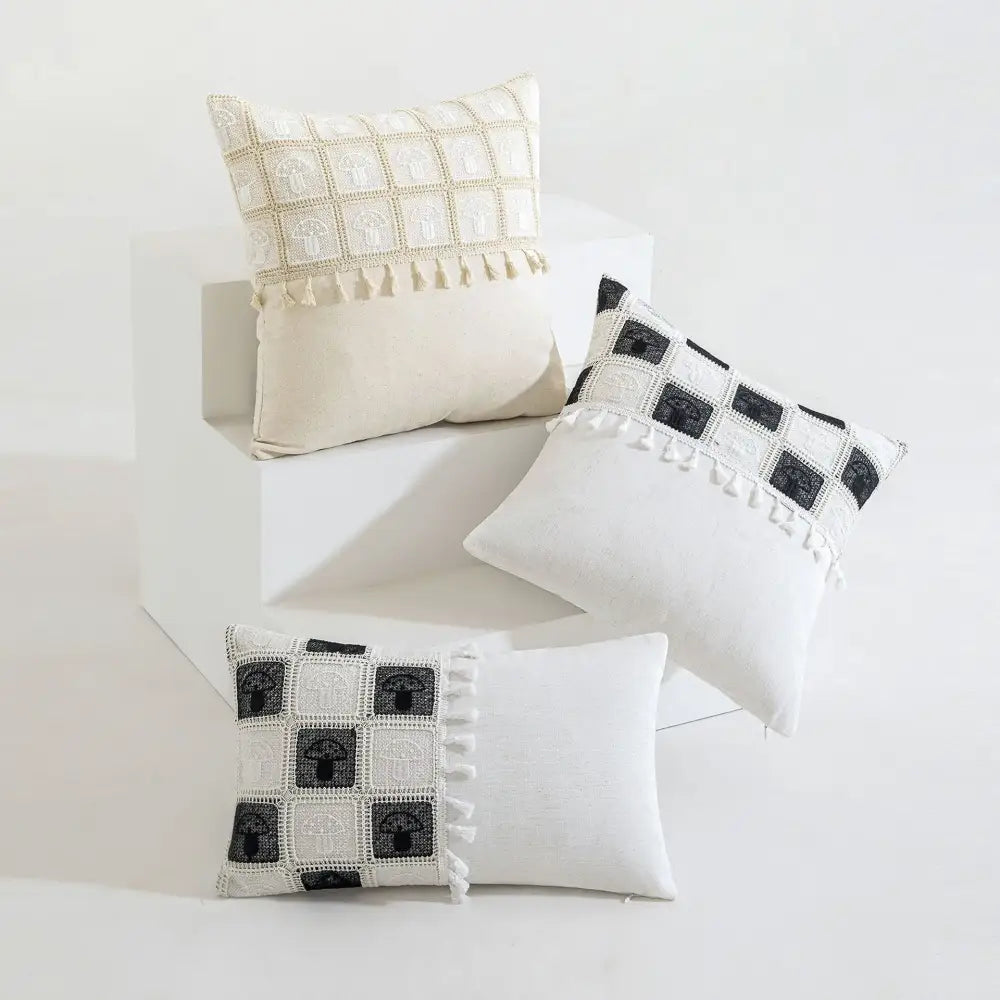 Geometric checker cushion cover cream living room tassel decor