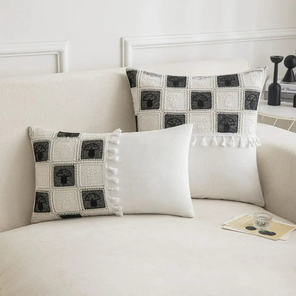 Geometric checker cushion cover cream living room tassel decor