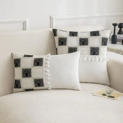 Geometric checker cushion cover cream living room tassel decor