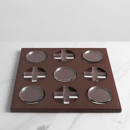 Geometric checkerboard dark green leather and acrylic coaster set living room decor