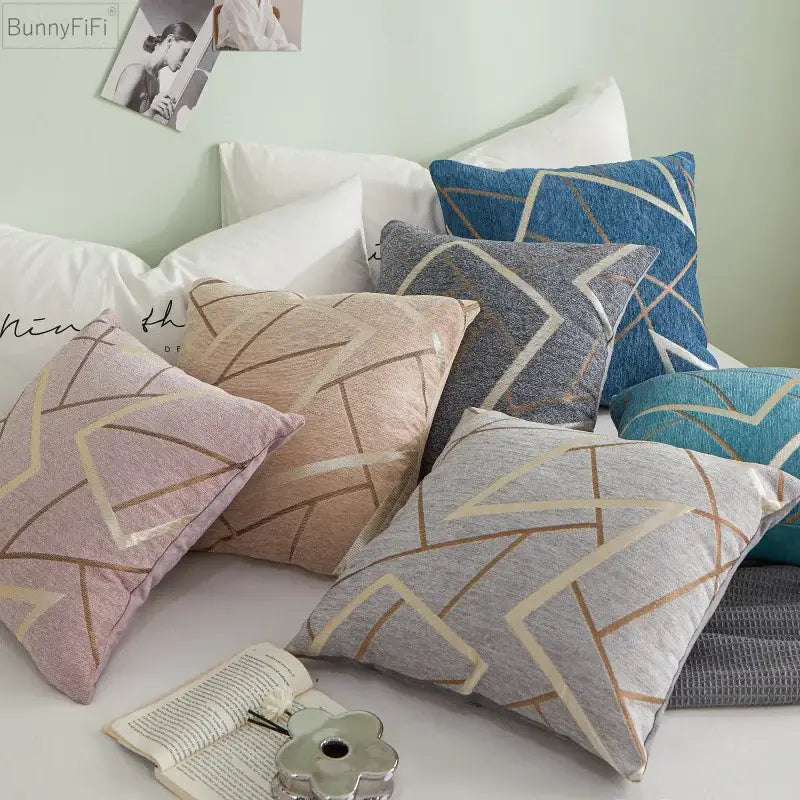 Geometric chenille cushion cover teal gray & pink living room decor