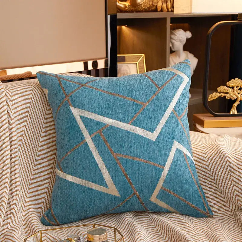 Geometric chenille cushion cover teal gray & pink living room decor