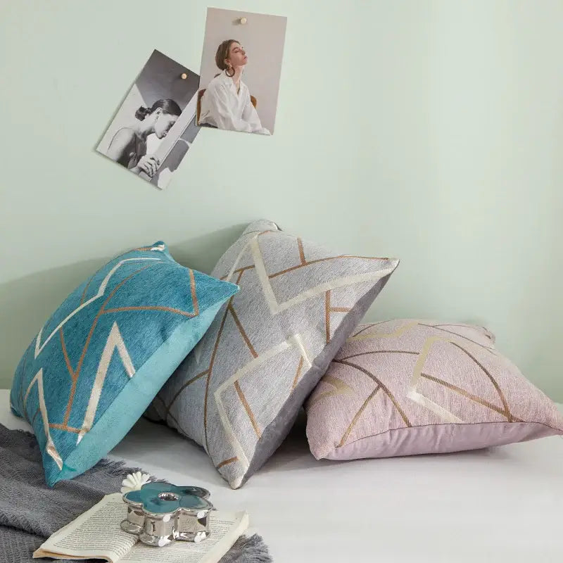 Geometric chenille cushion cover teal gray & pink living room decor