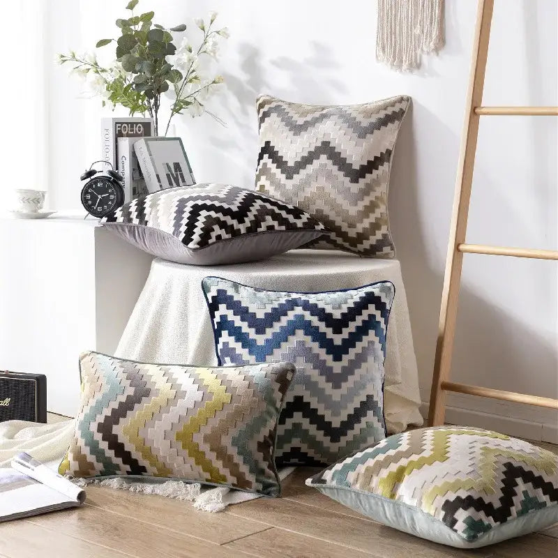 Geometric chenille flocking cushion cover grey & beige living room