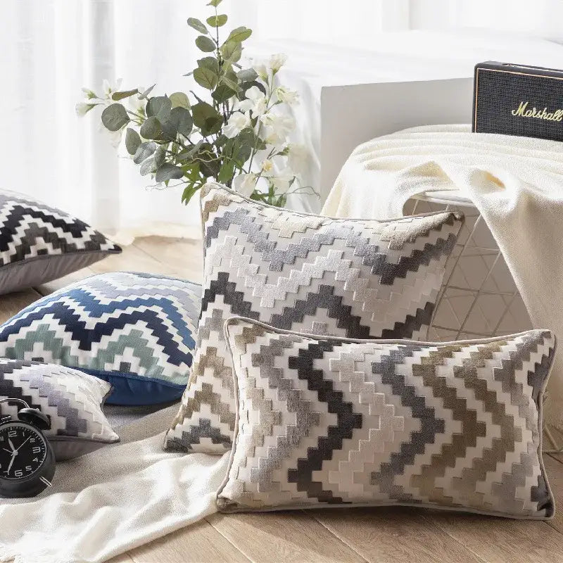 Geometric chenille flocking cushion cover grey & beige living room