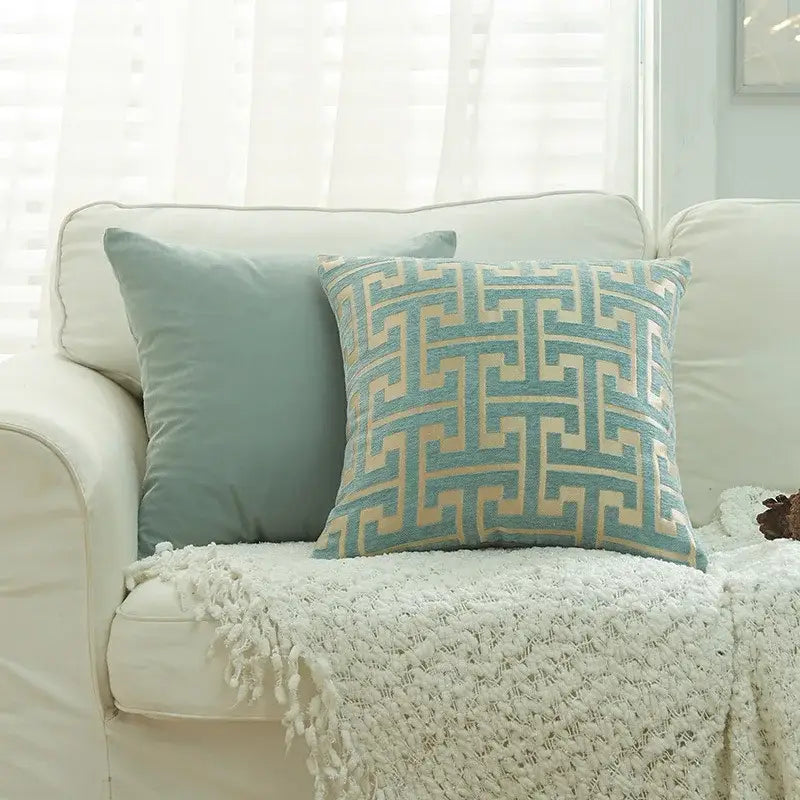 Geometric chenille throw pillowcase beige & light blue living room