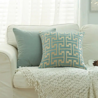 Geometric chenille throw pillowcase beige & light blue living room