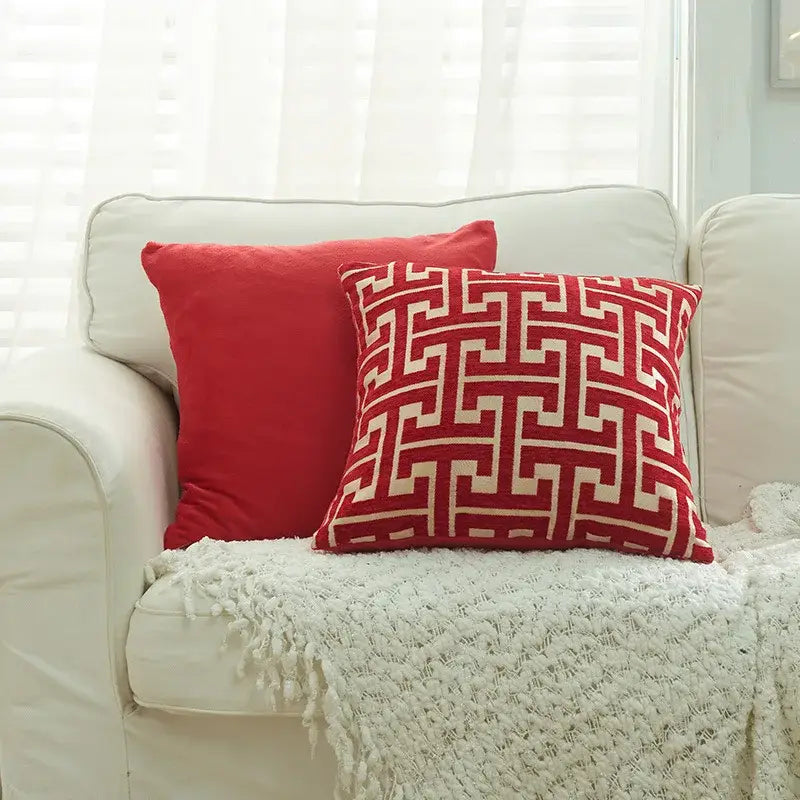 Geometric chenille throw pillowcase beige & light blue living room