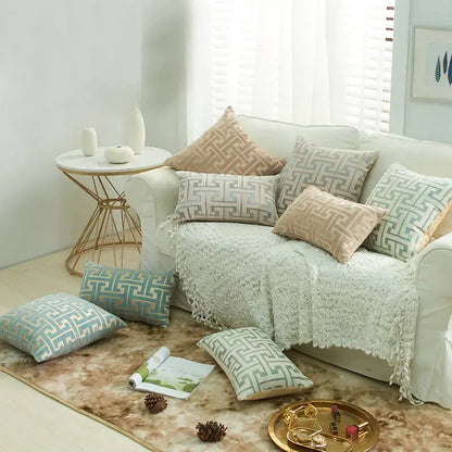 Geometric chenille throw pillowcase beige & light blue living room