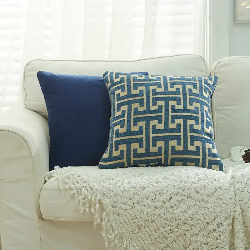 Geometric chenille throw pillowcase beige & light blue living room