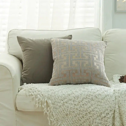 Geometric chenille throw pillowcase beige & light blue living room