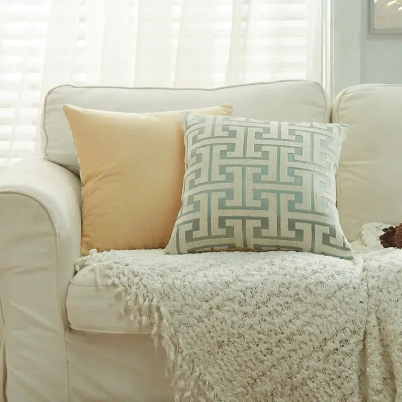 Geometric chenille throw pillowcase beige & light blue living room