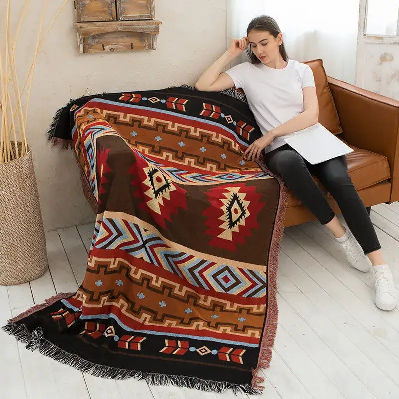 Geometric cotton knitted sofa blanket – living room throw