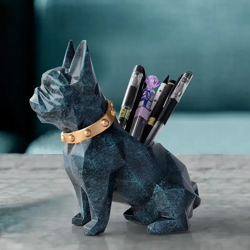 Geometric dark blue dog resin pen holder desk organizer office accessory